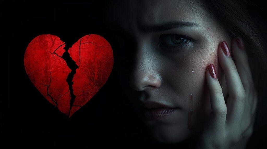 cœur rouge déchirée et larmes et rupture sentimentale et femme