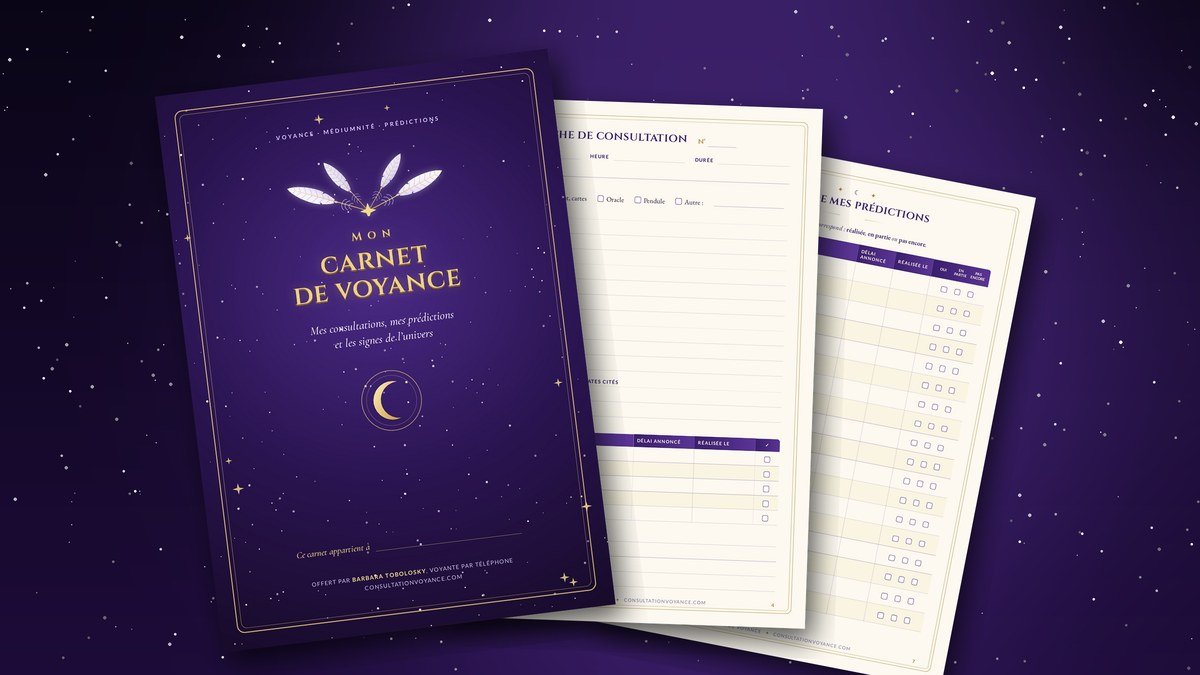 Carnet de voyance gratuit à imprimer de Barbara Tobolosky : couverture, fiche de consultation et suivi des prédictions